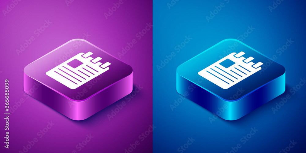 Isometric Notebook icon isolated on blue and purple background. Spiral notepad icon. School notebook. Writing pad. Diary for school. Square button. Vector Illustration. Isometric Notebook icon isolated on blue and purple background. Spiral notepad icon. School notebook. Writing pad. Diary for school. Square button. Vector Illustration.