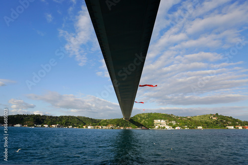 Fatih Sultan Mehmet Koprusu bridge, connecting Asia and Europe continents, is seen in a photo taken from a ferry boat at Bosporus strait in Istanbul, Turkey.