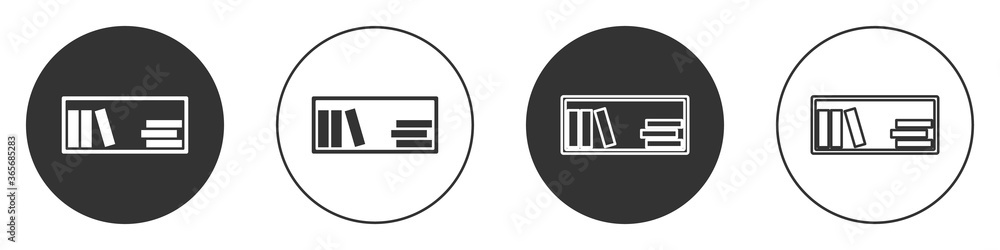 Black Shelf with books icon isolated on white background. Shelves sign. Circle button. Vector Illustration. Black Shelf with books icon isolated on white background. Shelves sign. Circle button. Vector Illustration.
