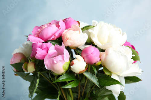 Bouquet of beautiful peonies on light blue background, closeup
