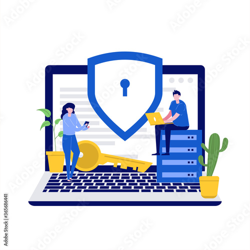 Cyber security vector illustration concept with characters. Data security, protected access control, privacy data protection. Modern flat style for landing page, web banner, infographics, hero images