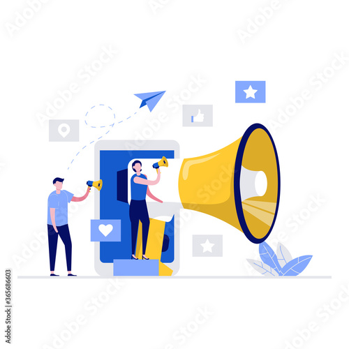 Internet promotion vector illustration concept with characters and a big megaphone. Modern vector illustration in flat style for landing page, mobile app, web banner, infographics, hero images
