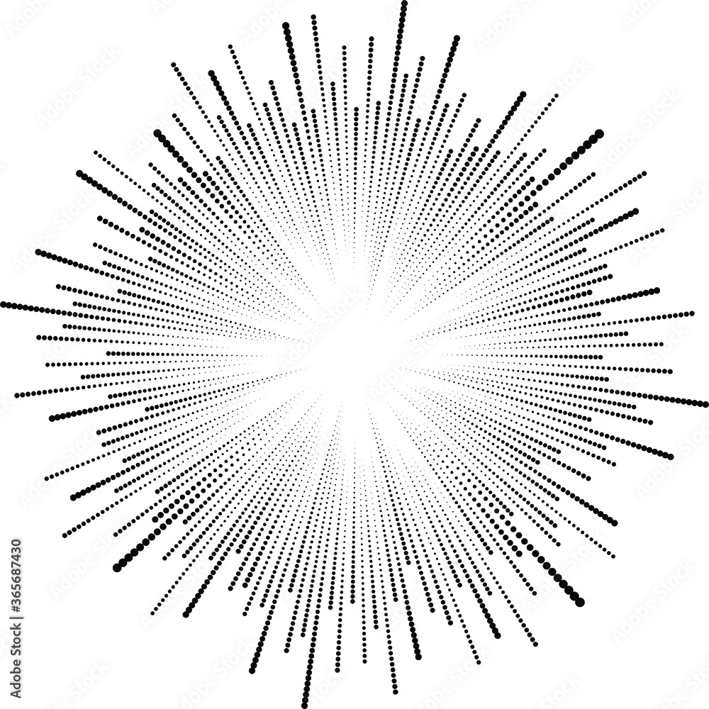 Obraz premium Black radial halftone dotted speed lines. Round form. Explosion background. Star rays. Sunburst. Fireworks. Handwritten design element for frames, prints, tattoo, web, template, logo, and comic books