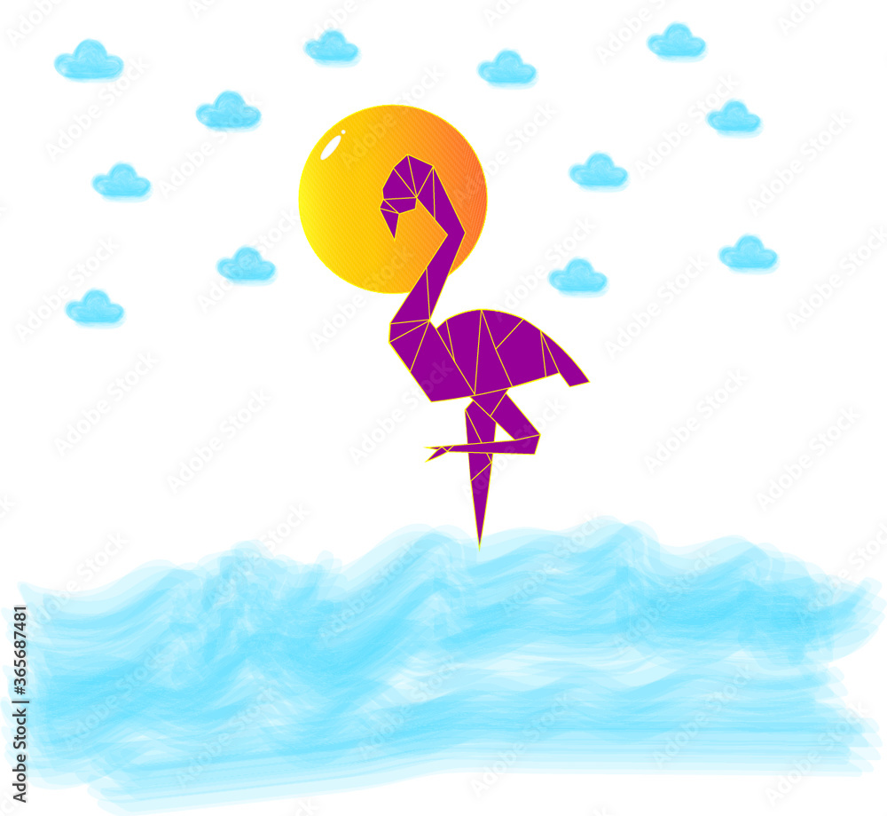 A bird in sea with sun and clouds. Design for Frame, T-shirt , invitation cards, wedding, greeting cards, printing, clothes, bags, posters, leaflets etc.