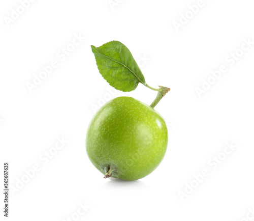 Fresh green apple with leaf isolated on white