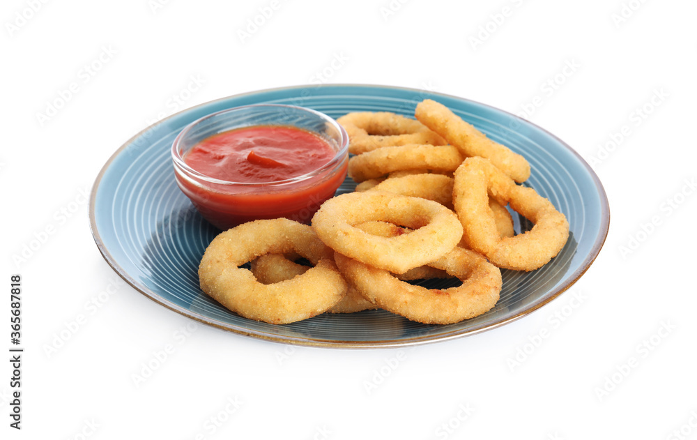 Delicious golden onion rings with ketchup isolated on white Delicious golden onion rings with ketchup isolated on white