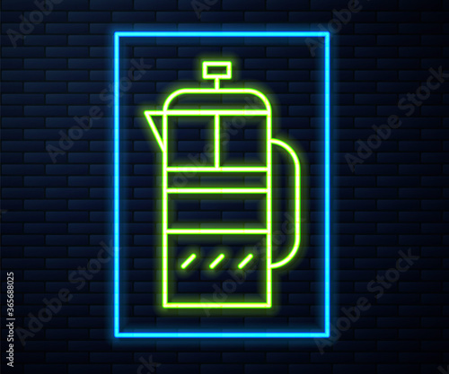 Glowing neon line French press icon isolated on brick wall background. Vector Illustration.