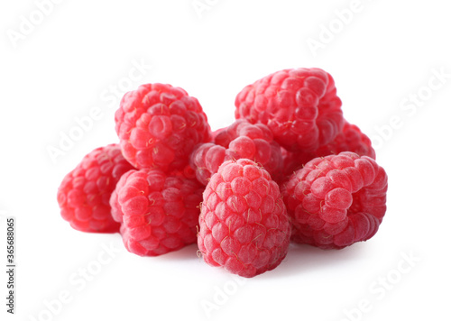 Pile of fresh ripe raspberries isolated on white