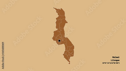 Nkhata Bay, district of Malawi, with its capital, localized, outlined and zoomed with informative overlays on a solid patterned map in the Stereographic projection. Animation 3D photo