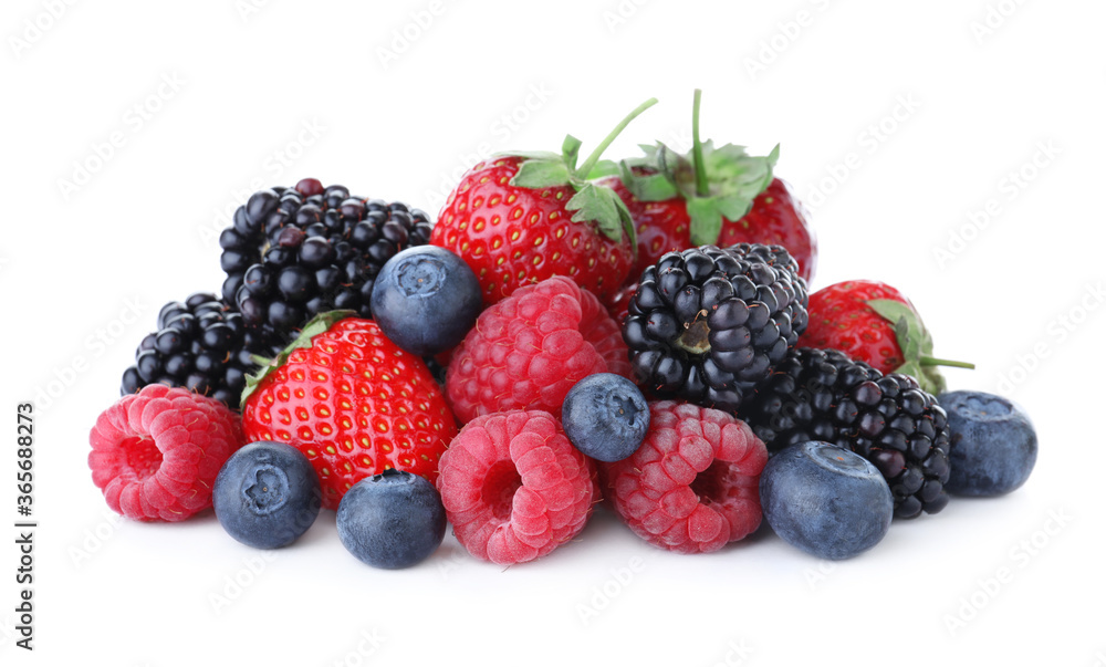 Pile of different ripe tasty berries isolated on white Pile of different ripe tasty berries isolated on white