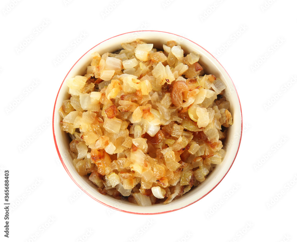 Tasty fried onion in bowl isolated on white, top view Tasty fried onion in bowl isolated on white, top view