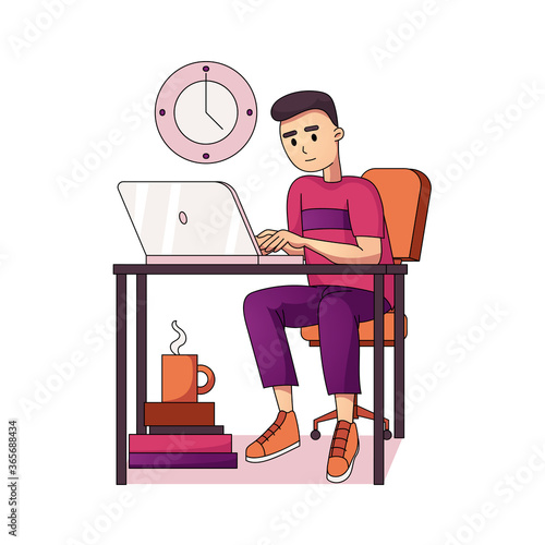 man is sitting at the table and working at his laptop. Business concept, home office. busy young freelancer programmer at desktop. stock vector illustration isolated on white