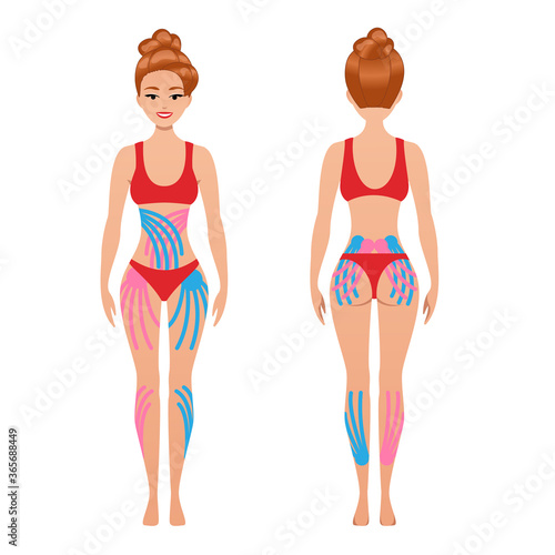 kinesiology taping. woman with Kinesiotaping, muscle tape on her body. Colored tapes for treatment of muscles, rejuvenation band-aid and weight loss. Stock vector illustration isolated on white