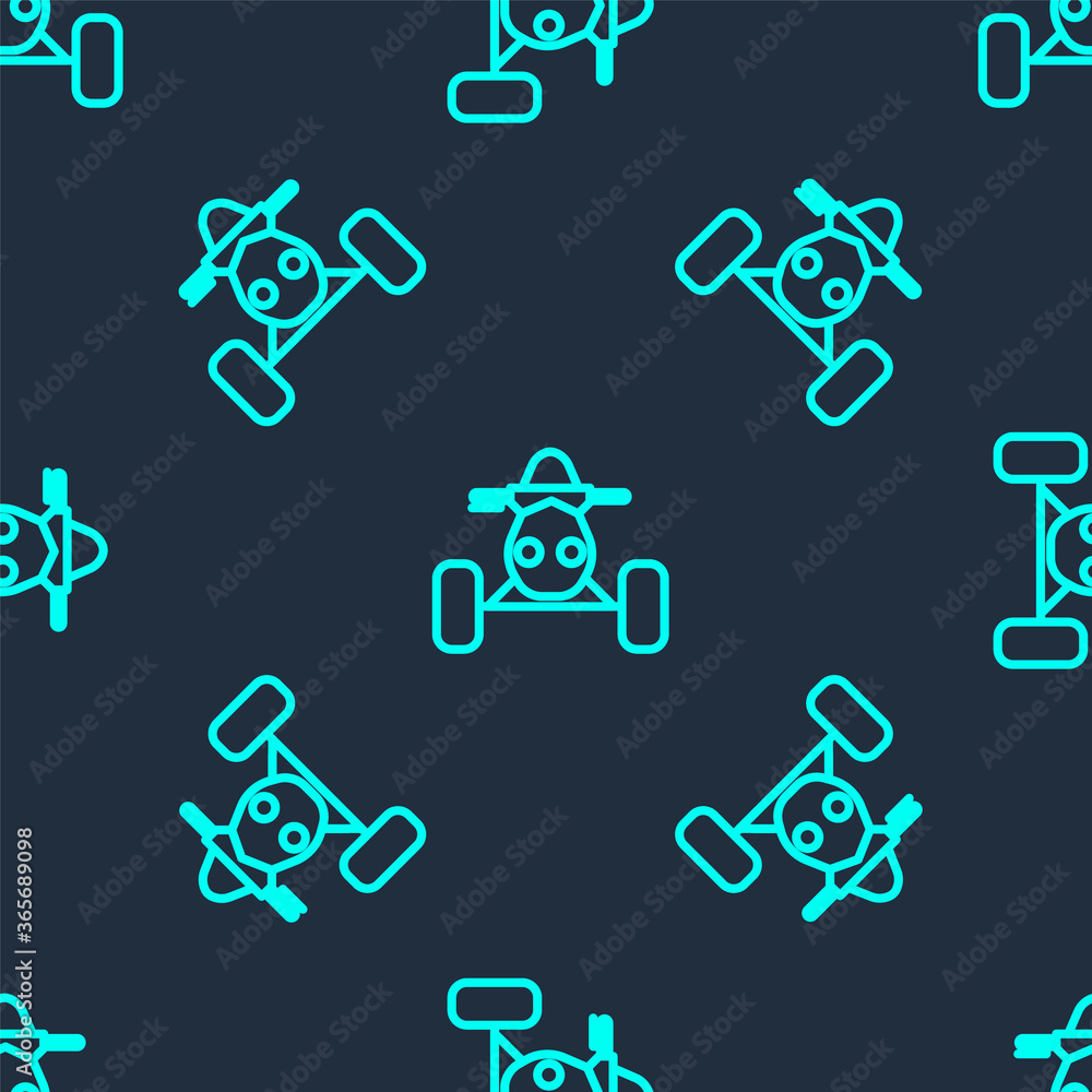 Green line All Terrain Vehicle or ATV motorcycle icon isolated seamless pattern on blue background. Quad bike. Extreme sport. Vector Illustration. Green line All Terrain Vehicle or ATV motorcycle icon isolated seamless pattern on blue background. Quad bike. Extreme sport. Vector Illustration.