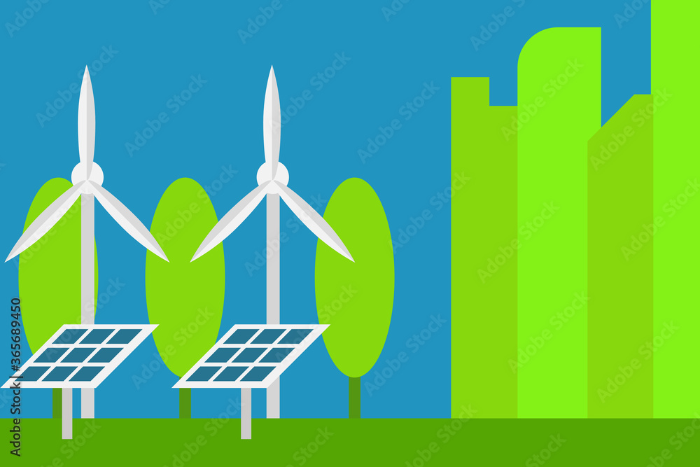 Solar farm and Wind farm generate electricity for Green City. renewable energy concept. Solar farm and Wind farm generate electricity for Green City. renewable energy concept.