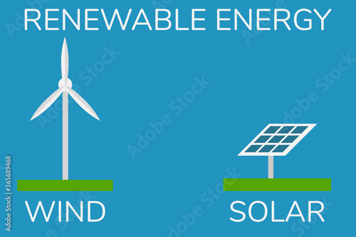 Renewable energy concept. Wind turbines and Solar panels 