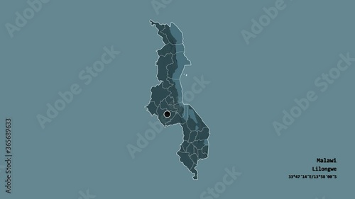 Ntcheu, district of Malawi, with its capital, localized, outlined and zoomed with informative overlays on a administrative map in the Stereographic projection. Animation 3D photo