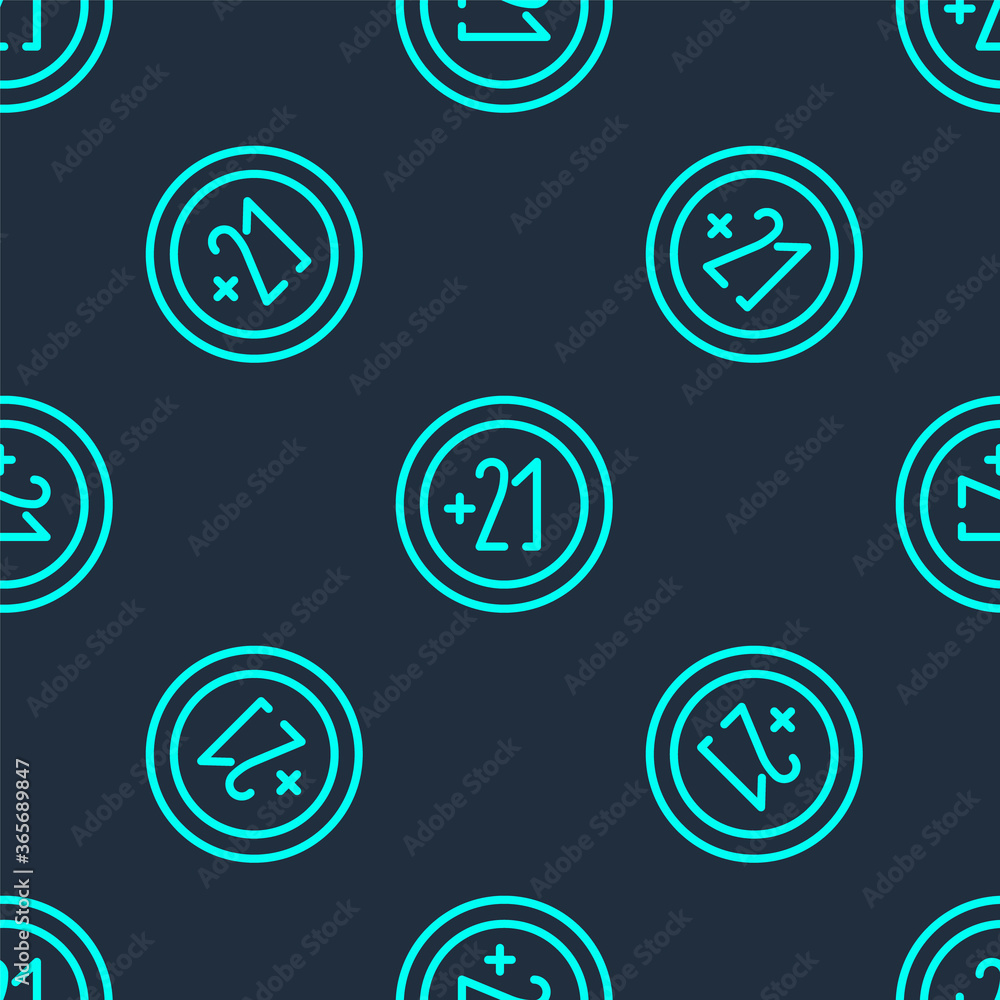 Green line Alcohol 21 plus icon isolated seamless pattern on blue background. Prohibiting alcohol beverages. Vector Illustration.