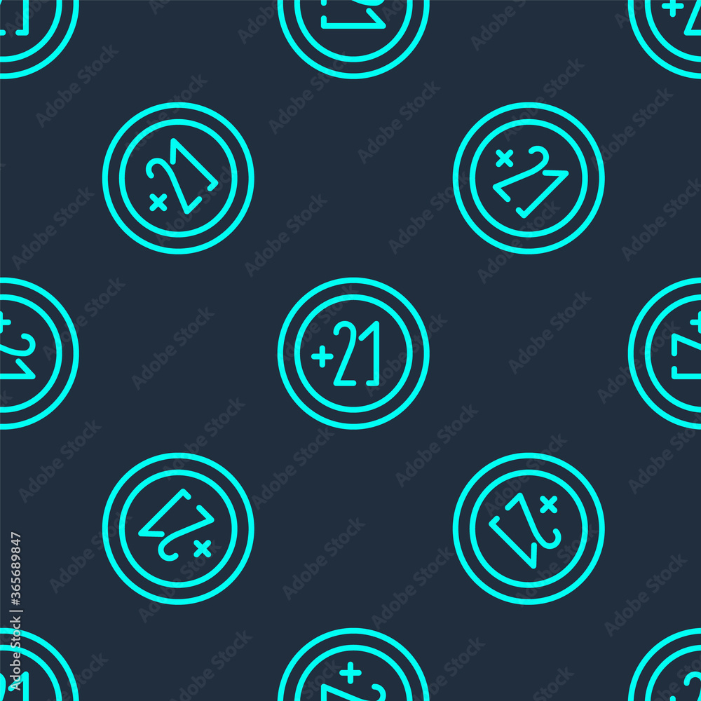 Green line Alcohol 21 plus icon isolated seamless pattern on blue background. Prohibiting alcohol beverages. Vector Illustration. Green line Alcohol 21 plus icon isolated seamless pattern on blue background. Prohibiting alcohol beverages. Vector Illustration.