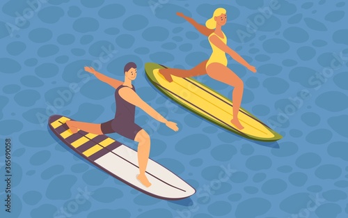 Isometric guy and girl doing sup yoga on surfboard. 3d concept illustration