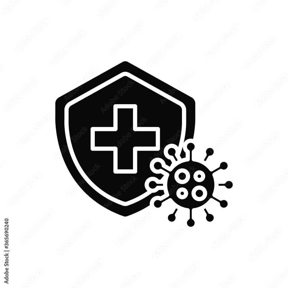 Obraz premium Immune from flu germ icon. virus protection, hygiene shield, bacterial prevention. Stop bacteria and viruses Coronavirus prohibition sign. Solid Vector illustration Design on white background. EPS10