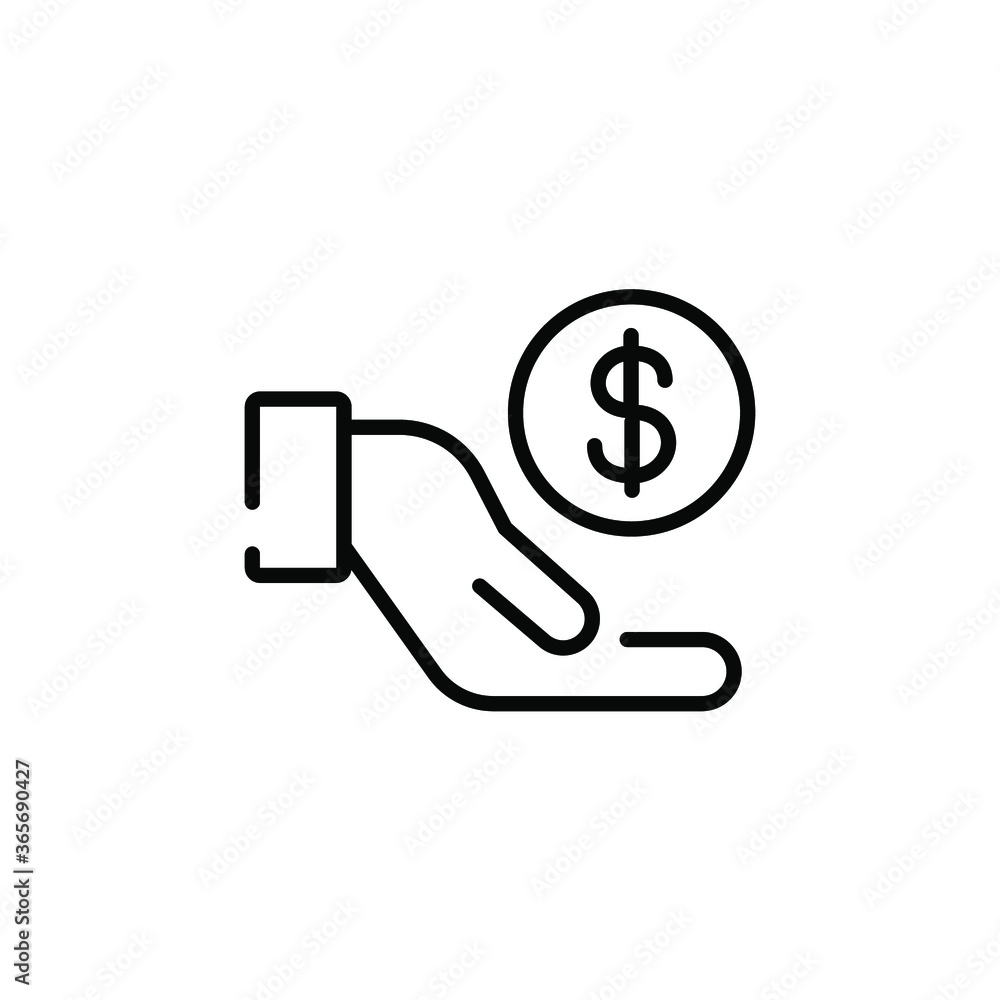 Save money icon, salary symbol, simple one hand holding dollar coin for give donation, pay charity, payment invesment. financial wealth Stroke line vector illustration design on white background EPS10 Save money icon, salary symbol, simple one hand holding dollar coin for give donation, pay charity, payment invesment. financial wealth Stroke line vector illustration design on white background EPS10