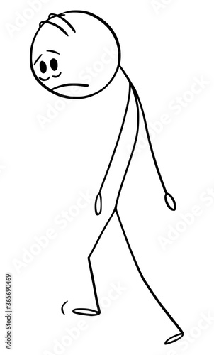 Vector cartoon stick figure drawing conceptual illustration of sad, tire, stressed or depressed man or businessman walking.