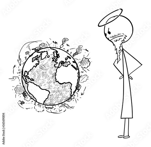 Vector cartoon stick figure drawing conceptual illustration of Christian god watching violence and wars on surface of planet Earth.
