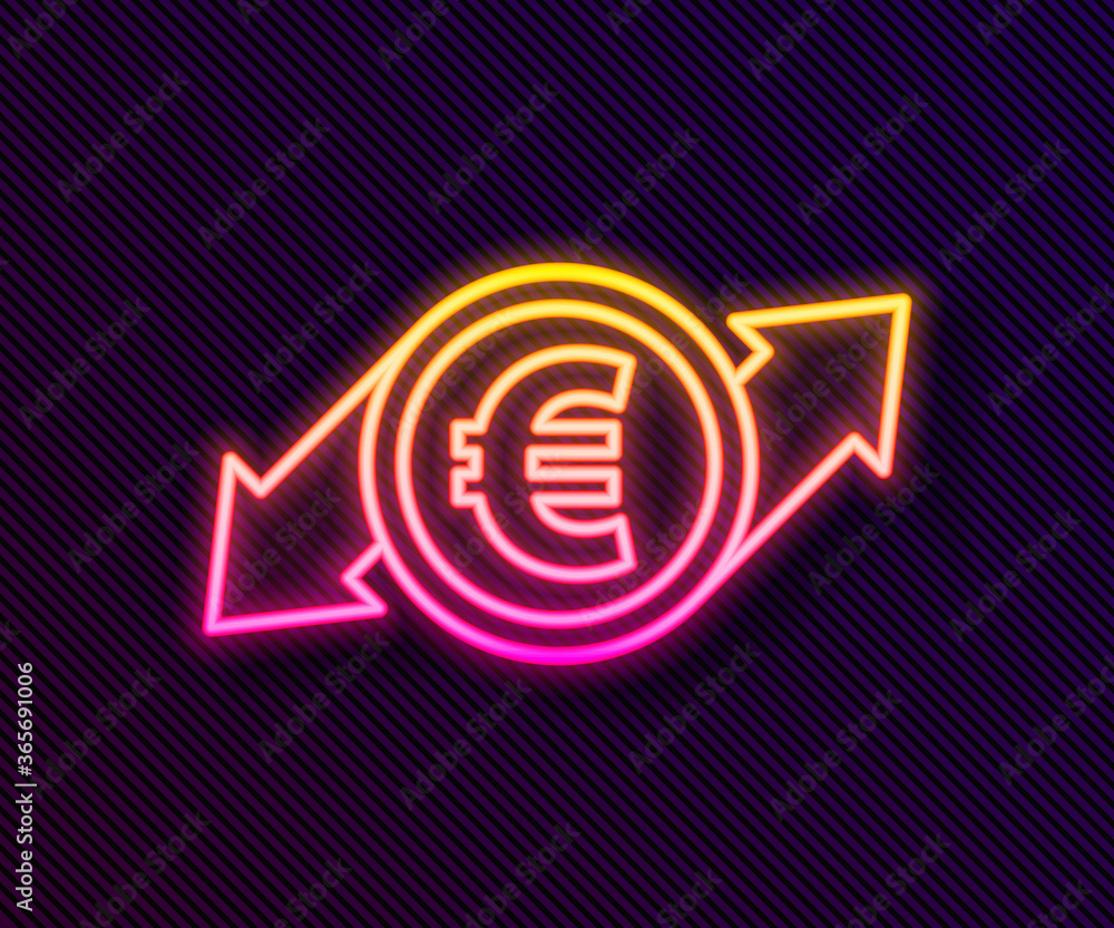 Glowing neon line Financial growth and euro coin icon isolated on black background. Increasing revenue. Vector Illustration. Glowing neon line Financial growth and euro coin icon isolated on black background. Increasing revenue. Vector Illustration.