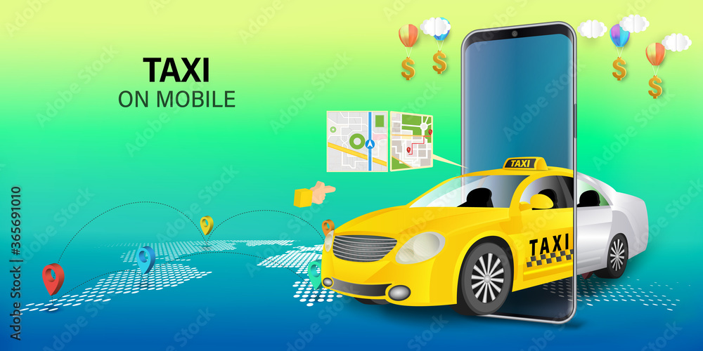 Naklejka premium Taxi services mobile app website. application on smartphone. Webpage, app design. vector illustration.