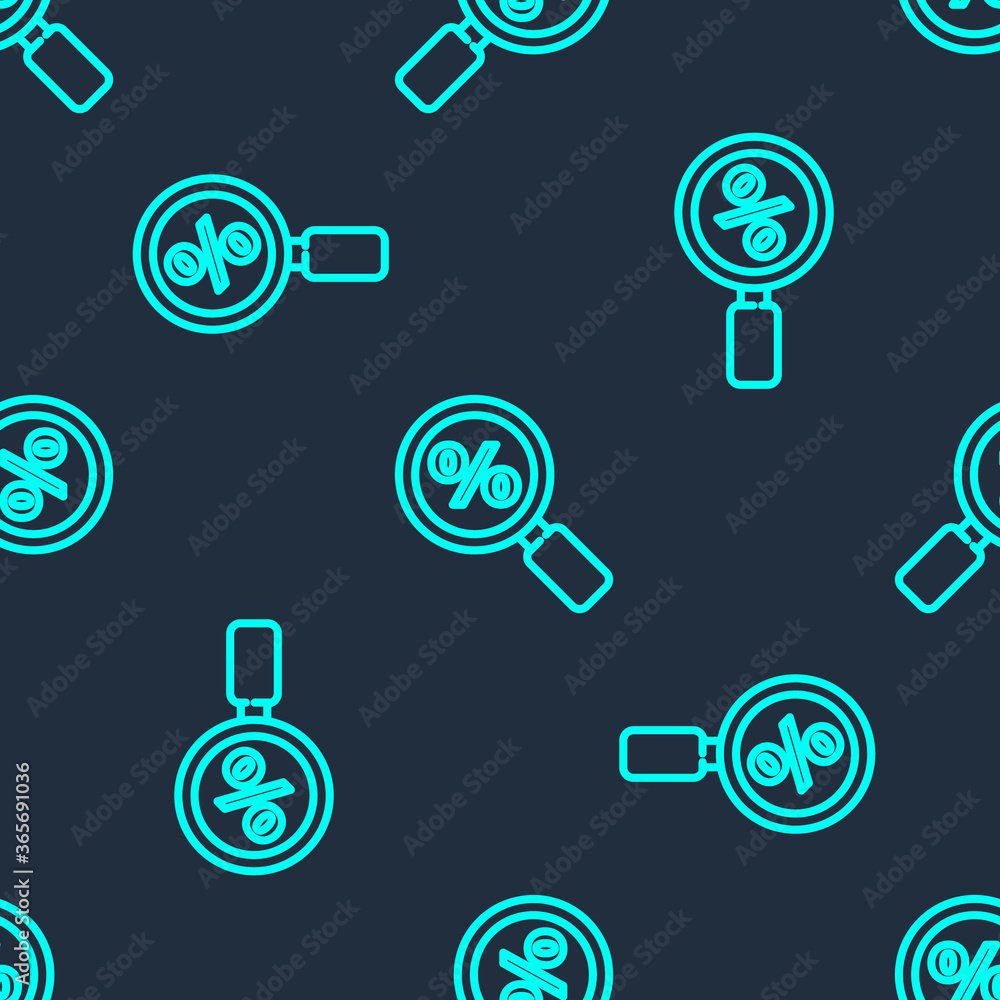 Green line Magnifying glass with percent icon isolated seamless pattern on blue background. Discount offers searching. Search for discount sale sign. Vector Illustration. Green line Magnifying glass with percent icon isolated seamless pattern on blue background. Discount offers searching. Search for discount sale sign. Vector Illustration.