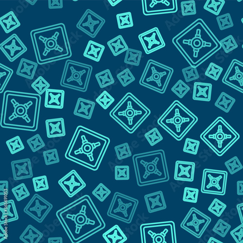 Green line Safe icon isolated seamless pattern on blue background. The door safe a bank vault with a combination lock. Reliable Data Protection. Vector Illustration.