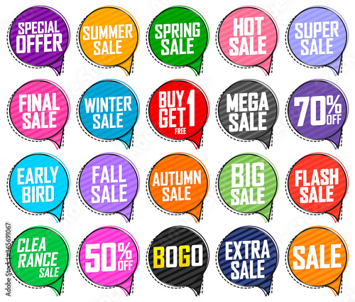 Set Sale speech bubble banners design template, discount tags, vector illustration