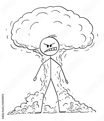 Vector cartoon stick figure drawing conceptual illustration of furious, angry raging man expressing his emotion with atomic or nuclear explosion on background.