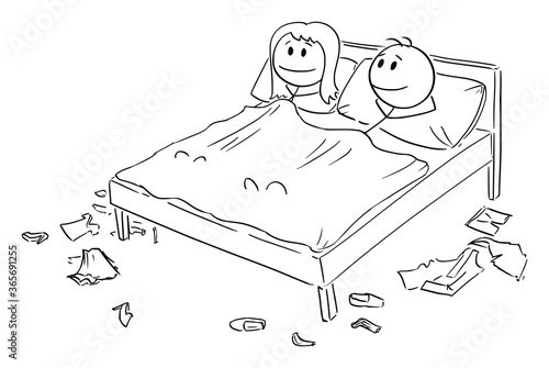 Vector cartoon stick figure drawing conceptual illustration of happy smiling heterosexual couple of woman and man lying together in bed in bedroom after sex, or sexual intercourse.