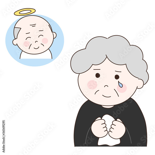 Elderly woman wearing a mourning dress reminiscing about her late husband. Vector illustration isolated on white background.