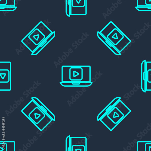 Green line Online play video icon isolated seamless pattern on blue background. Laptop and film strip with play sign. Vector Illustration. © Kostiantyn