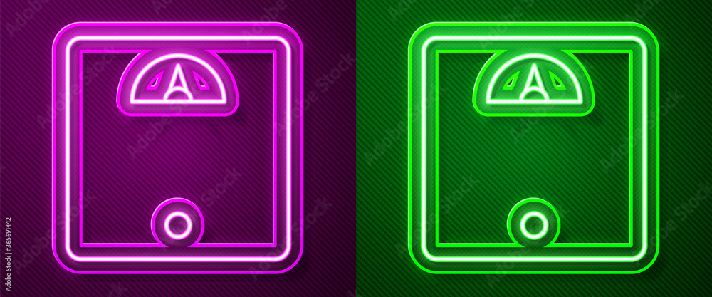 Glowing neon line Bathroom scales icon isolated on purple and green background. Weight measure Equipment. Weight Scale fitness sport concept. Vector Illustration. Glowing neon line Bathroom scales icon isolated on purple and green background. Weight measure Equipment. Weight Scale fitness sport concept. Vector Illustration.