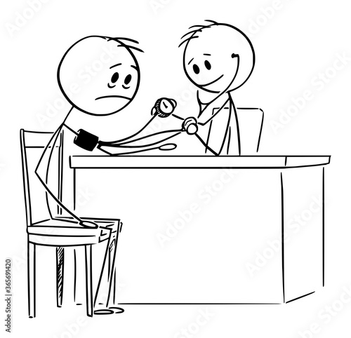 Vector cartoon stick figure drawing conceptual illustration of sick man with poor health and medical doctor measuring him blood pressure.