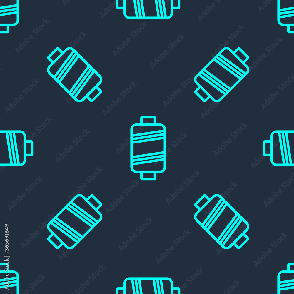 Green line Sewing thread on spool icon isolated seamless pattern on blue background. Yarn spool. Thread bobbin. Vector Illustration. Green line Sewing thread on spool icon isolated seamless pattern on blue background. Yarn spool. Thread bobbin. Vector Illustration.