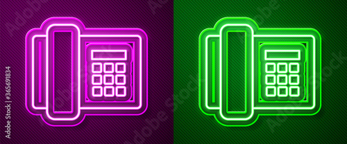 Glowing neon line Telephone icon isolated on purple and green background. Landline phone. Vector Illustration.