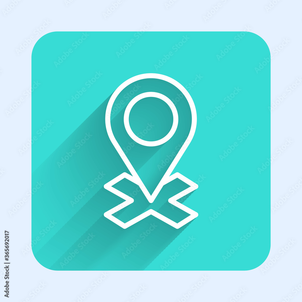 White line Map pin icon isolated with long shadow. Navigation, pointer, location, map, gps, direction, place, compass, search concept. Green square button Vector Illustration White line Map pin icon isolated with long shadow. Navigation, pointer, location, map, gps, direction, place, compass, search concept. Green square button Vector Illustration