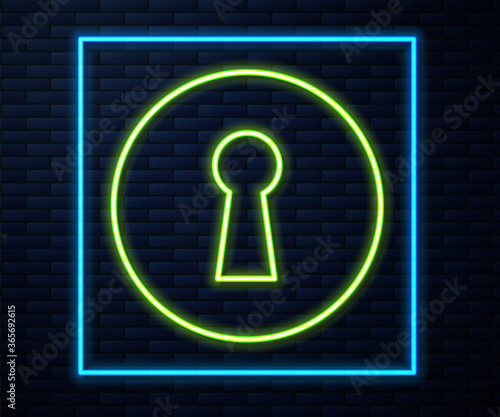 Glowing neon line Keyhole icon isolated on brick wall background. Key of success solution. Keyhole express the concept of riddle, secret, security. Vector Illustration.