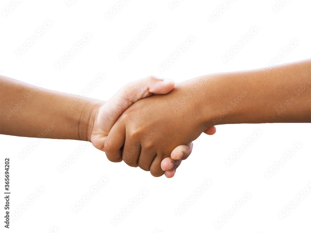 Two male hands shaking isolated on white studio background. Social concepts.