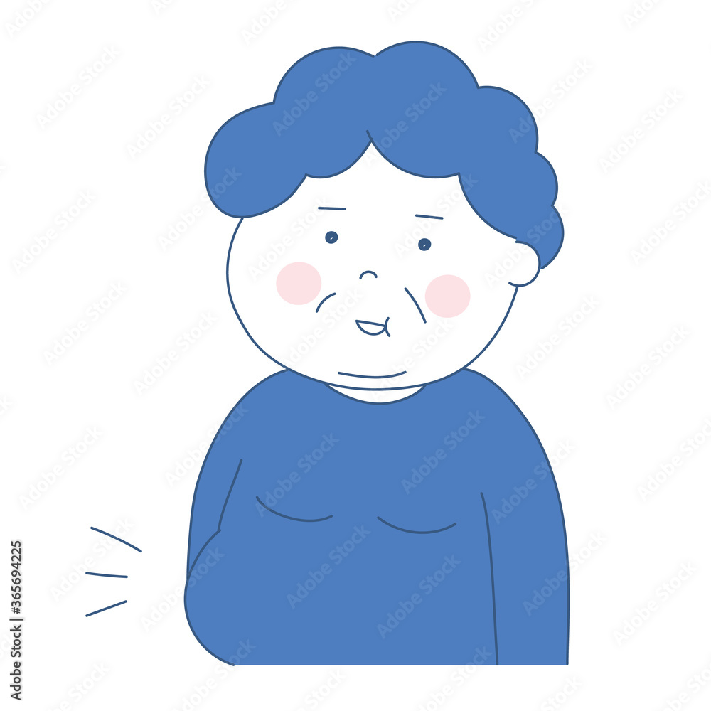 Elderly woman having a pot belly. Two-tone vector illustration isolated on white background. Elderly woman having a pot belly. Two-tone vector illustration isolated on white background.