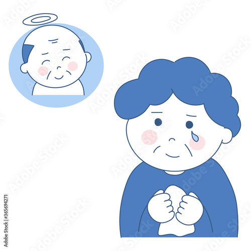 Elderly woman wearing a mourning suit reminiscing about her late husband. Two-toned vector illustration isolated on white background.