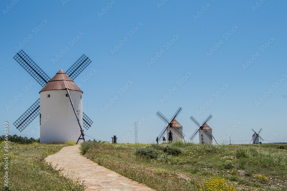 Landscape with Spanish windmills in Mota del Cuervo, Cuenca province. Spain