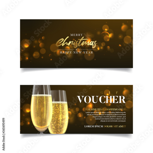 Gift voucher for Christmas and New Year sales. Vector illustration with glasses of champagne and effect bokeh on dark background. Holiday greeting cards.