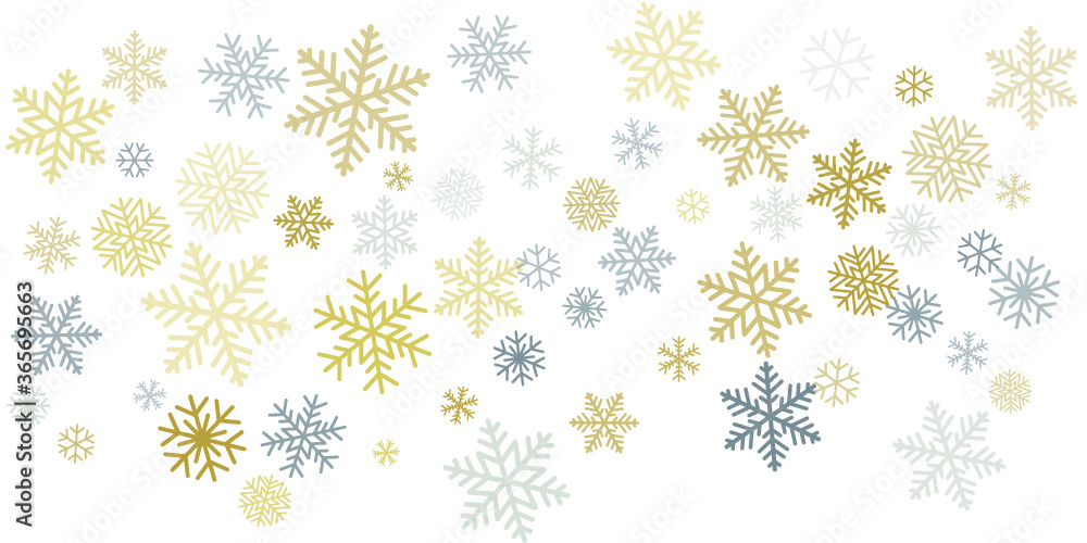 Christmas snowflakes background with place for text. Winter gold and silver snow minimal decoration on white, greeting card. New Year Holidays subtle backdrop. Vector illustration EPS 10 Christmas snowflakes background with place for text. Winter gold and silver snow minimal decoration on white, greeting card. New Year Holidays subtle backdrop. Vector illustration EPS 10