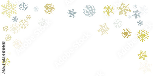 Christmas snowflakes background with place for text. Winter gold and silver snow minimal decoration on white, greeting card. New Year Holidays subtle backdrop. Vector illustration EPS 10